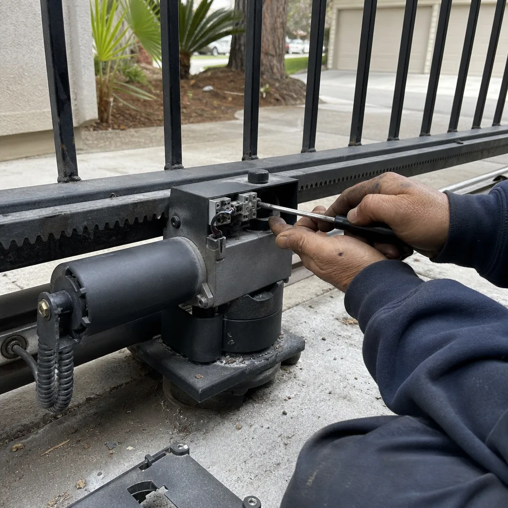 Technician performing electric gate motor repair and maintenance