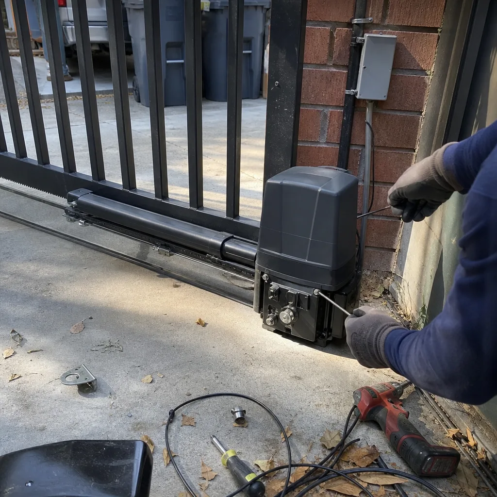 Technician performing electric sliding gate motor repair and maintenance