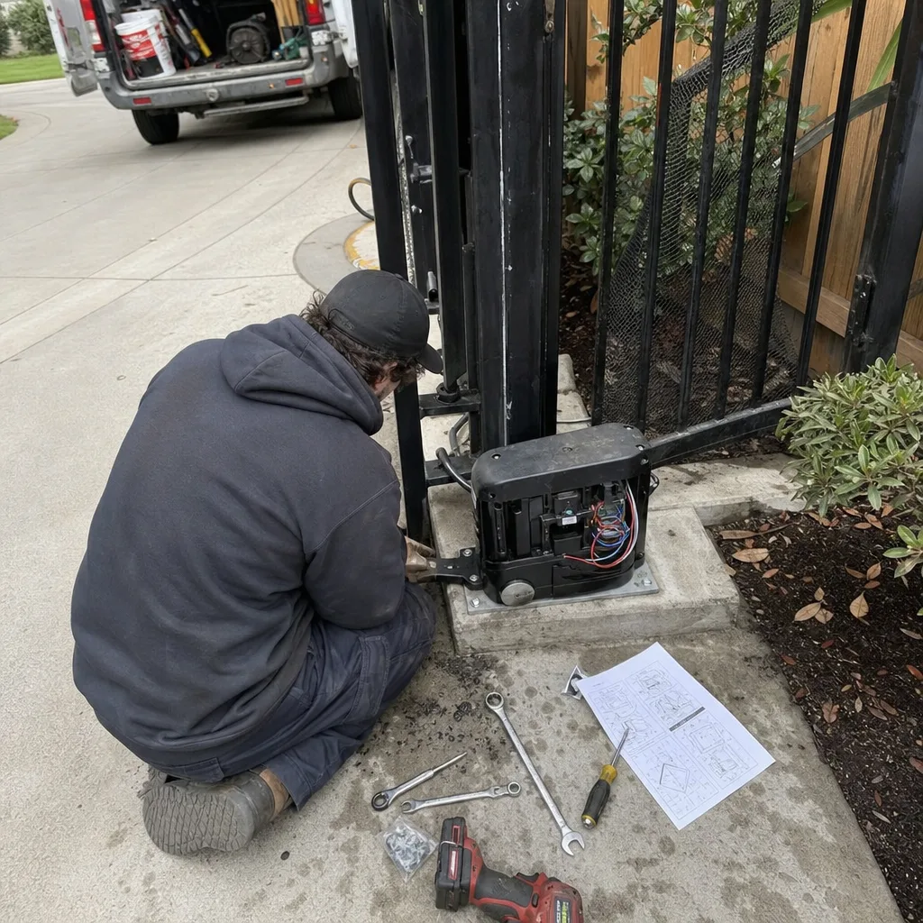 Technician performing professional electric gate repair and installation on a driveway