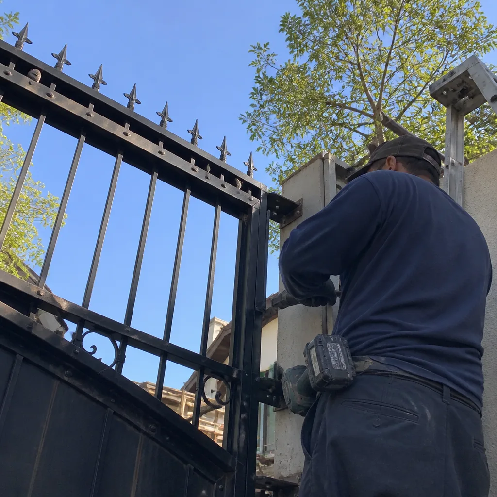 A professional technician repairing a black metal driveway gate