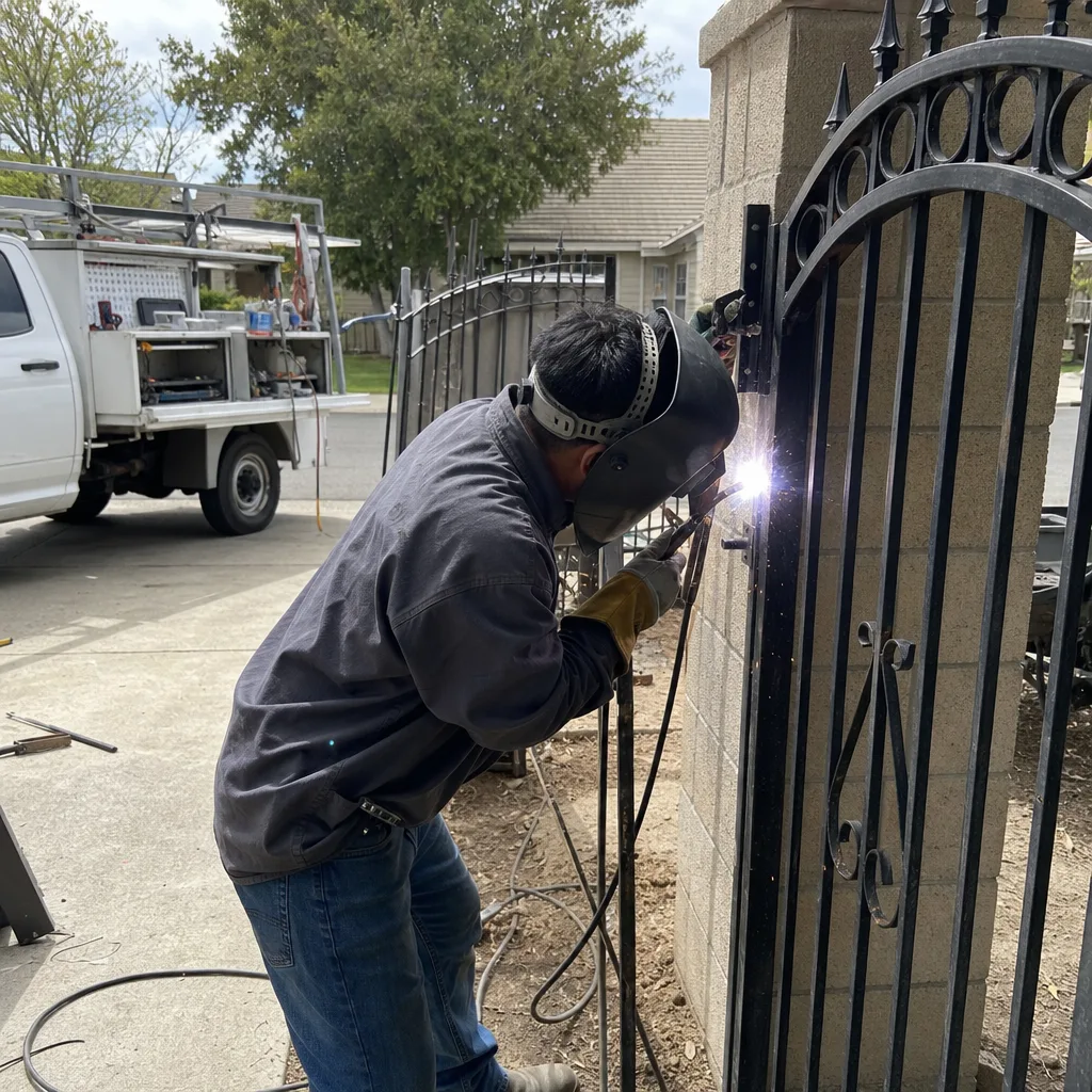 Professional welder performing residential metal gate repair and maintenance