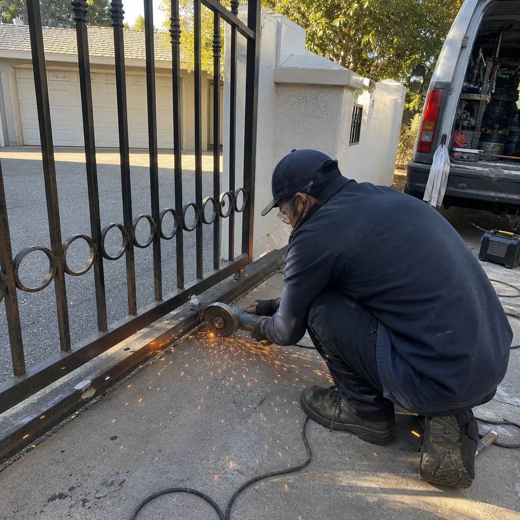Technician using an angle grinder for metal gate repair services.